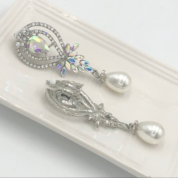 Large AB Iridescent Pearl Rhinestone Clip On Long Earrings - Picture 2 of 4